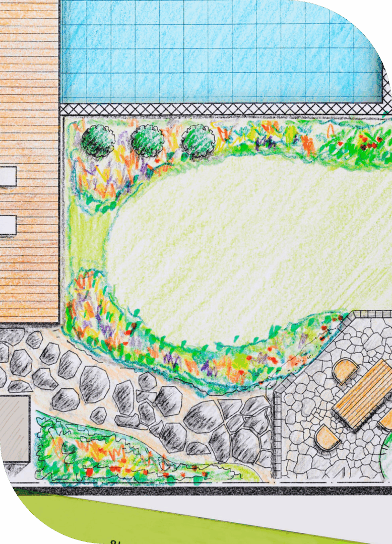 Landscape design sketch with pool and garden.